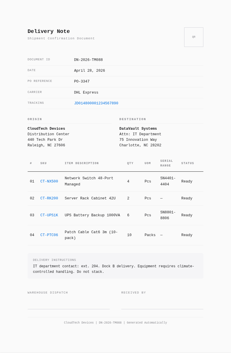 Tech minimalist delivery note